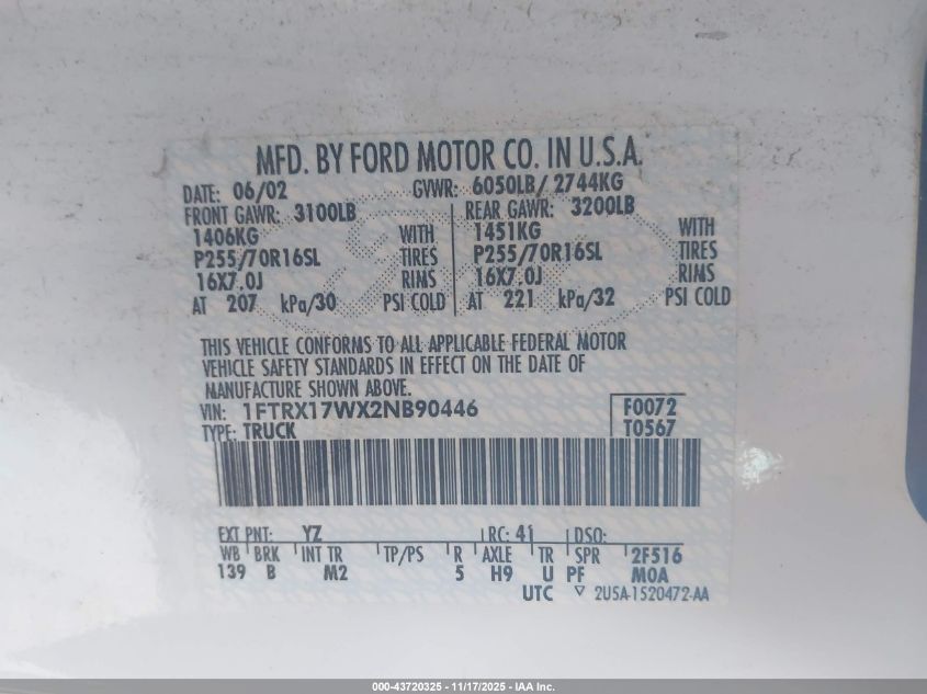 2002 Ford F-150 Lariat/Xl/Xlt VIN: 1FTRX17WX2NB90446 Lot: 43720325