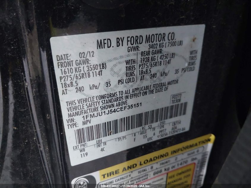 2012 Ford Expedition Xlt VIN: 1FMJU1J54CEF35151 Lot: 43720327