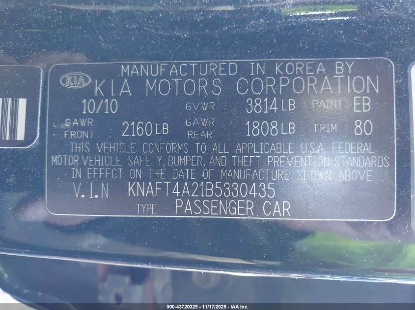 2011 Kia Forte Lx VIN: KNAFT4A21B5330435 Lot: 43720329