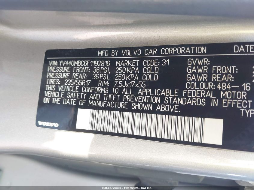 2015 Volvo Xc70 T5 Premier Plus VIN: YV440MBC6F119816 Lot: 43720330