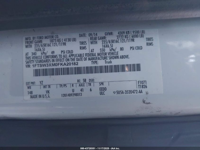 2015 Ford Transit-350 VIN: 1FTSW3XM0FKA20182 Lot: 43720351