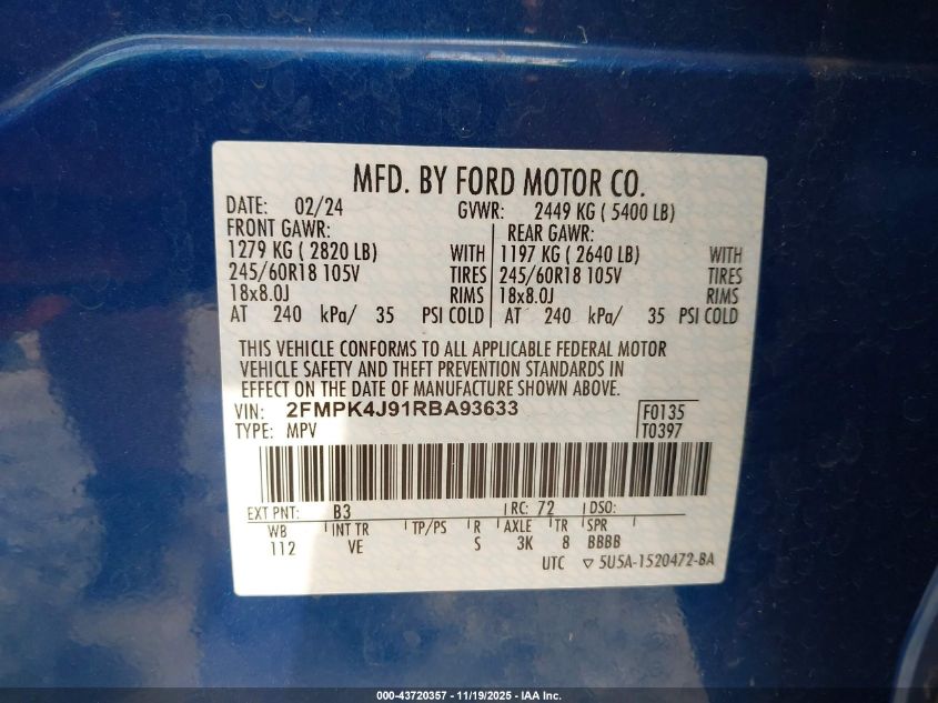 2024 Ford Edge Sel VIN: 2FMPK4J91RBA93633 Lot: 43720357