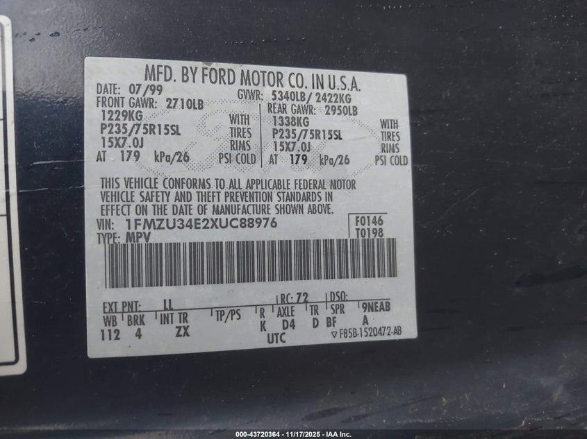 1FMZU34E2XUC88976 1999 FORD EXPLORER photo no. 9