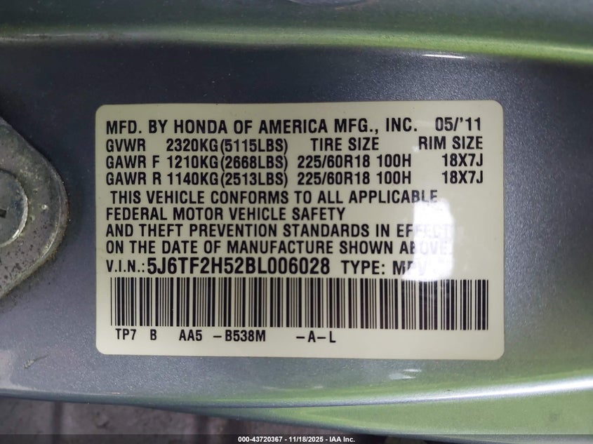 5J6TF2H52BL006028 2011 HONDA ACCORD photo no. 9