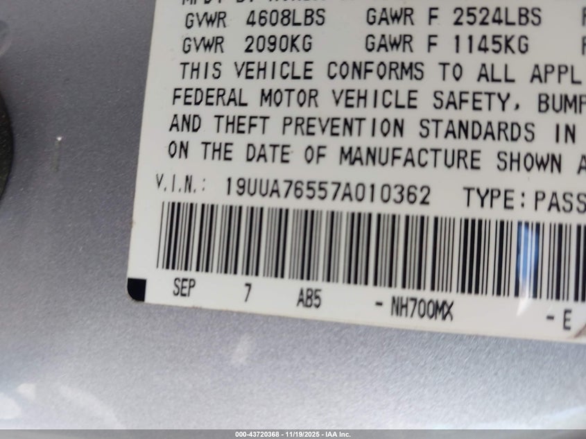 2007 Acura Tl Type S VIN: 19UUA76557A010362 Lot: 43720368