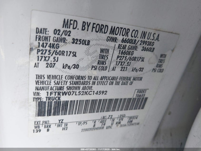 2002 Ford F-150 Lariat/Xlt VIN: 1FTRW07L52KC14592 Lot: 43720393