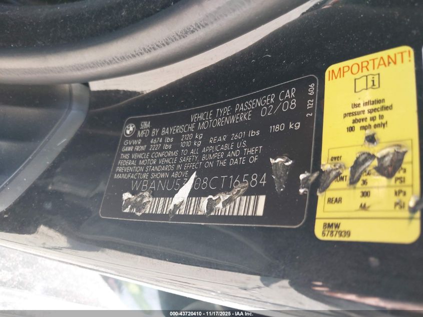 2008 BMW 528I VIN: WBANU53508CT16584 Lot: 43720410