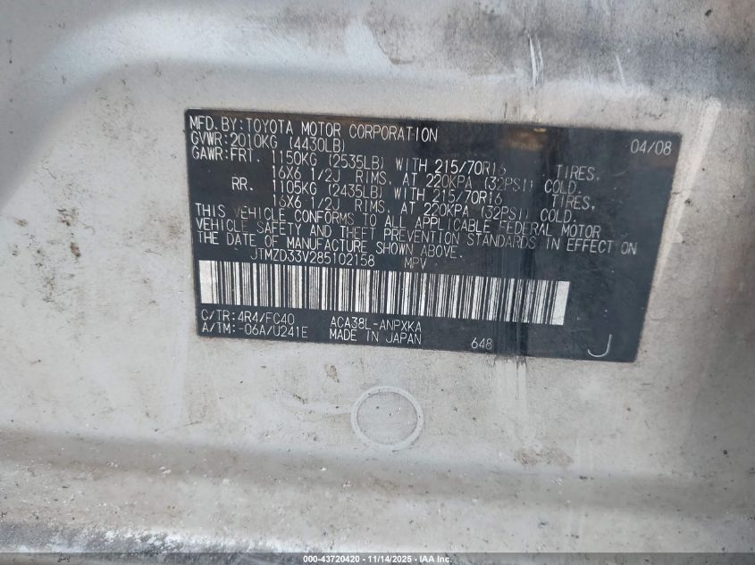 2008 Toyota Rav4 VIN: JTMZD33V285102158 Lot: 43720420