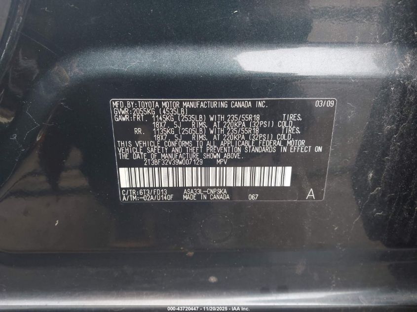 2009 Toyota Rav4 Sport VIN: 2T3BF32V39W007129 Lot: 43720447