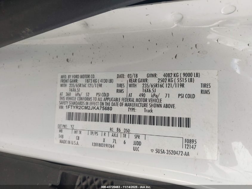 2018 Ford Transit-250 VIN: 1FTYR2CM2JKA75680 Lot: 43720463