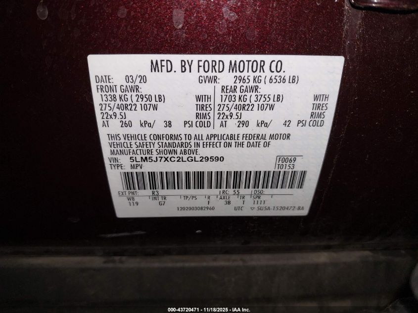 2020 Lincoln Aviator Reserve VIN: 5LM5J7XC2LGL29590 Lot: 43720471