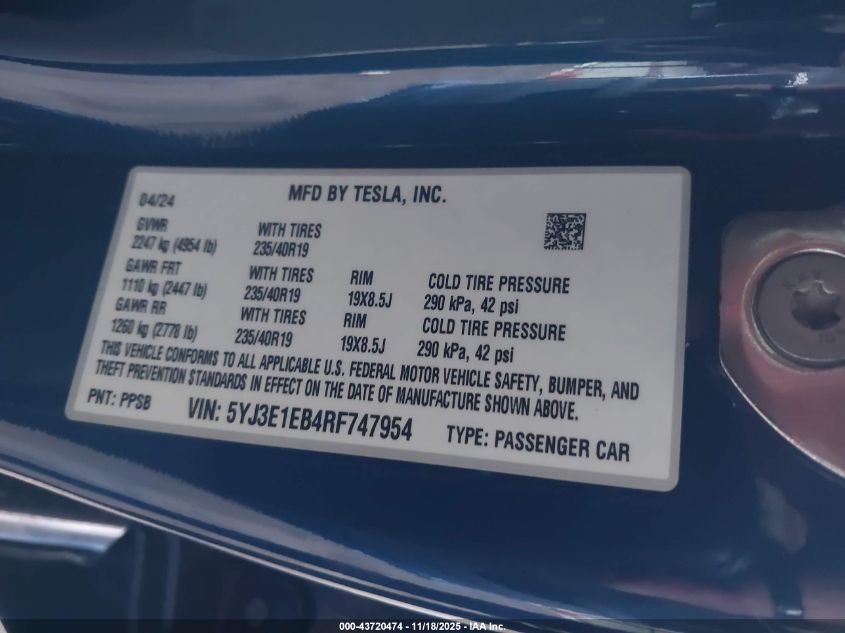 2024 Tesla Model 3 Long Range Dual Motor All-Wheel Drive VIN: 5YJ3E1EB4RF747954 Lot: 43720474