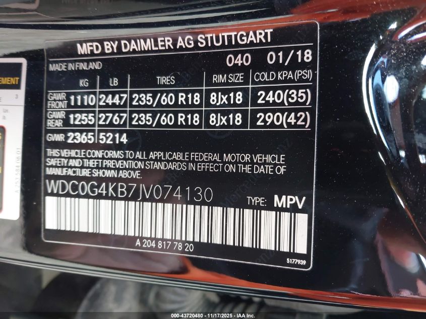 2018 Mercedes-Benz Glc 300 4Matic VIN: WDC0G4KB7JV074130 Lot: 43720480