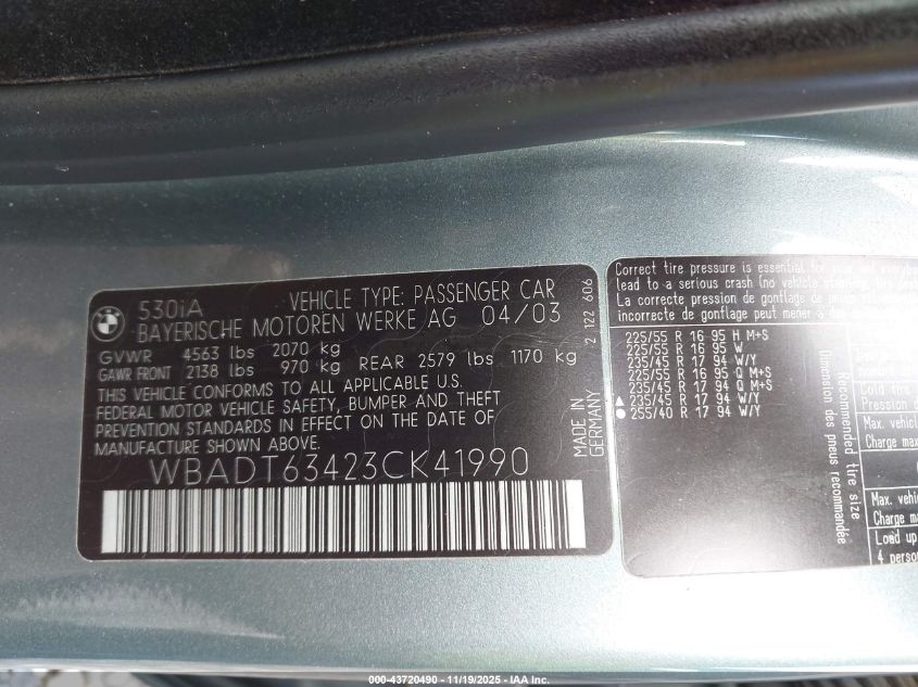 2003 BMW 530Ia VIN: WBADT63423CK41990 Lot: 43720490