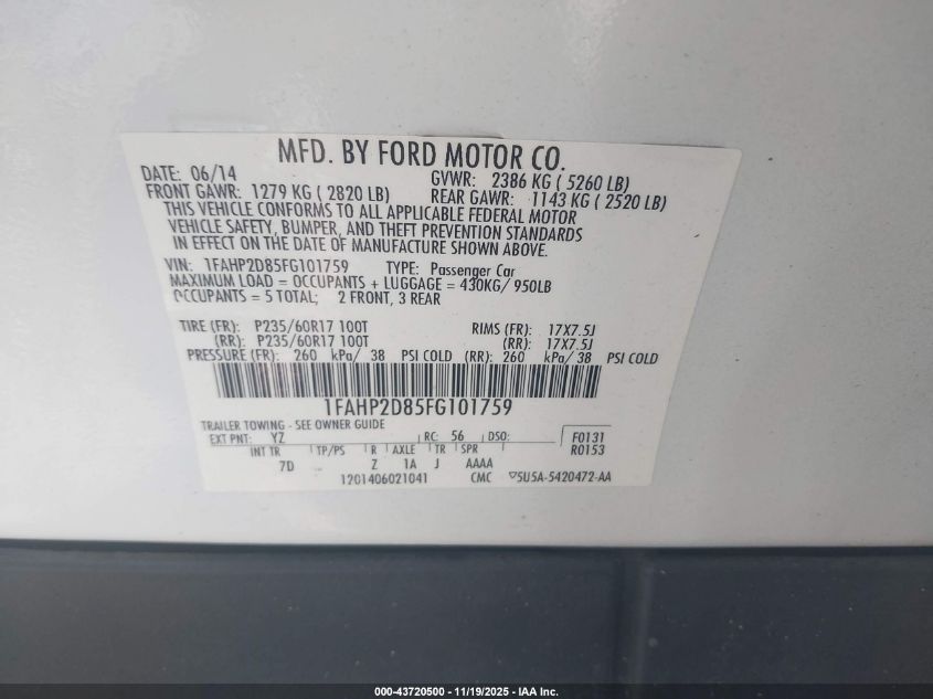 2015 Ford Taurus Se VIN: 1FAHP2D85FG101759 Lot: 43720500