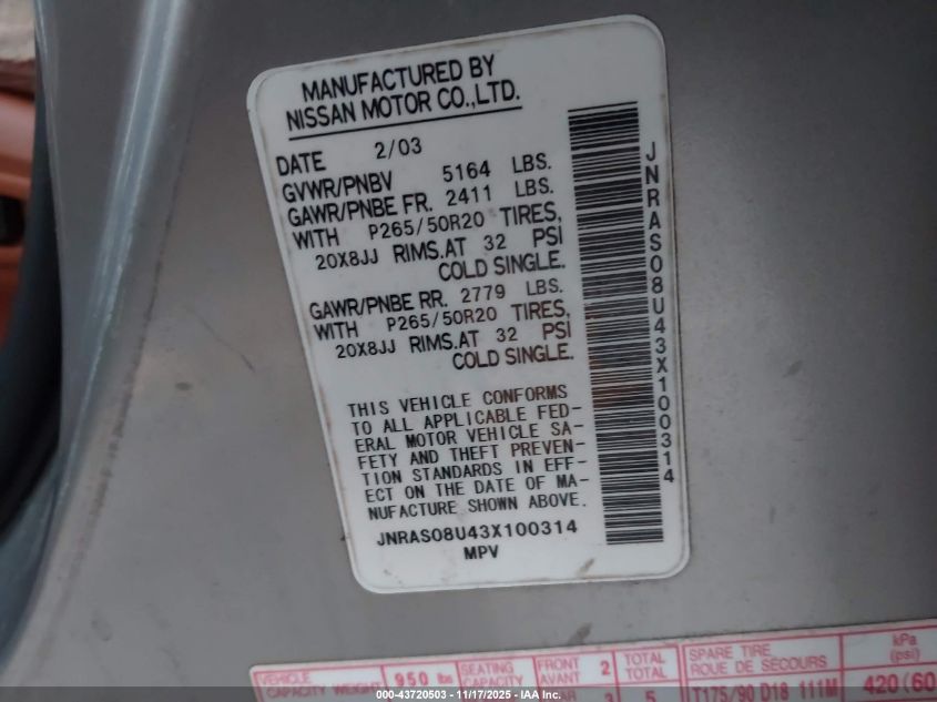 2003 Infiniti Fx35 VIN: JNRAS08U43X100314 Lot: 43720503