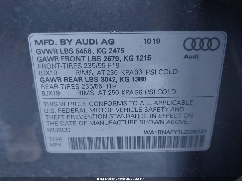 2020 Audi Q5 Premium Plus 45 Tfsi Quattro S Tronic VIN: WA1BNAFY1L2035131 Lot: 43720505