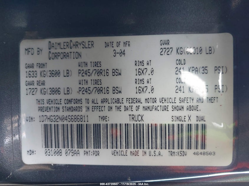 2004 Dodge Dakota Sport VIN: 1D7HG32N04S686811 Lot: 43720507