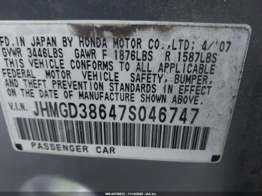 2007 Honda Fit Sport VIN: JHMGD38647S046747 Lot: 43720512