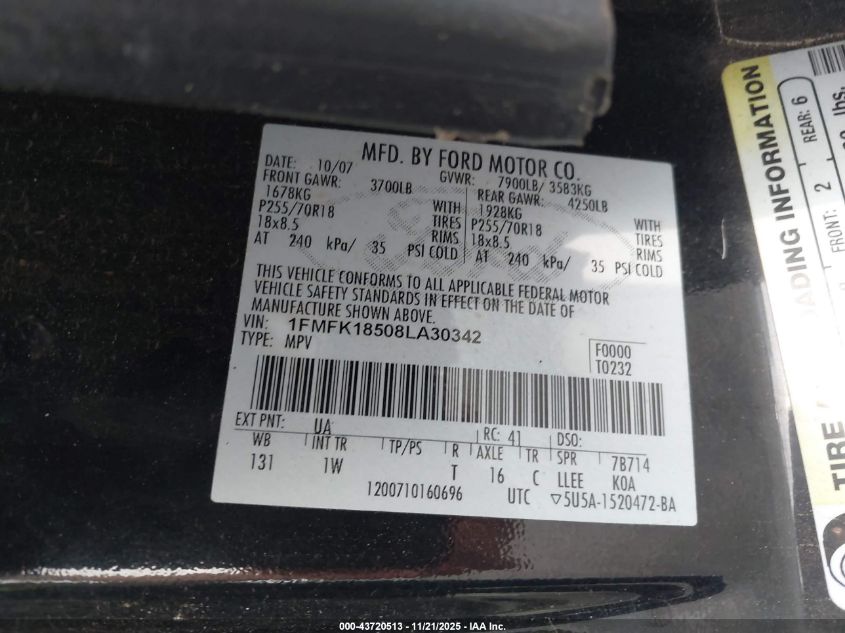 2008 Ford Expedition El Eddie Bauer/King Ranch VIN: 1FMFK18508LA30342 Lot: 43720513