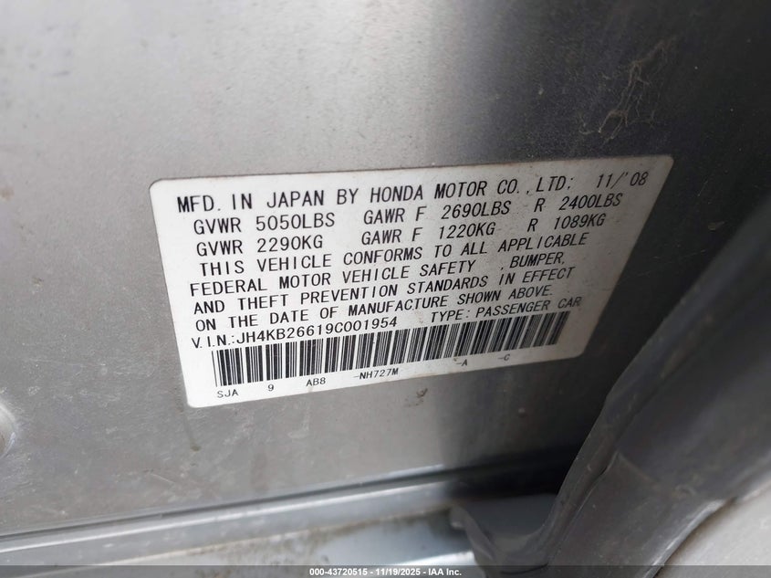2009 Acura Rl 3.7 VIN: JH4KB26619C001954 Lot: 43720515