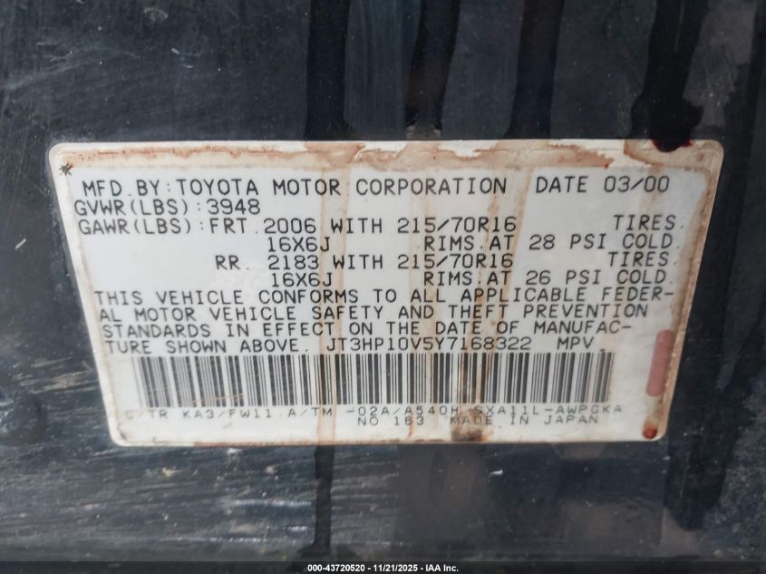 2000 Toyota Rav4 VIN: JT3HP10V5Y7168322 Lot: 43720520