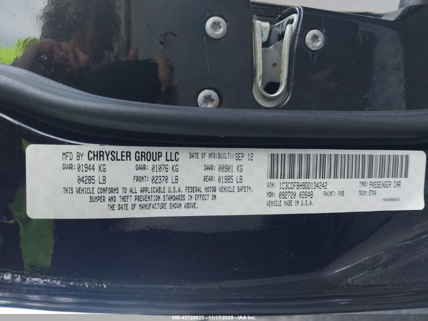 2013 Dodge Dart Sxt VIN: 1C3CDFBH9DD134242 Lot: 43720523