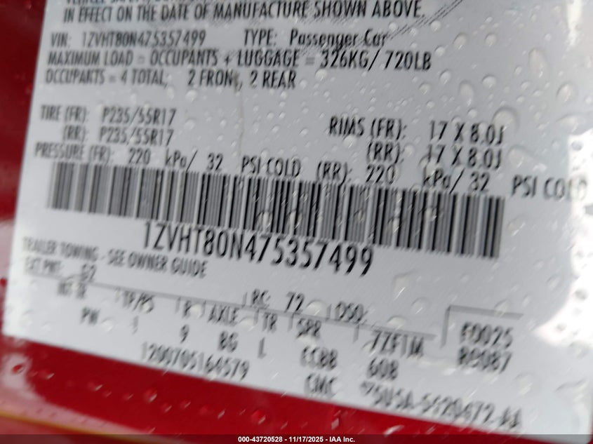 2007 Ford Mustang V6 Deluxe/V6 Premium VIN: 1ZVHT80N475357499 Lot: 43720528