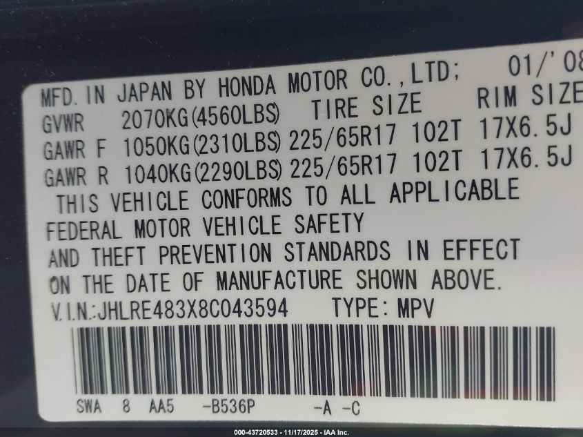 2008 Honda Cr-V Lx VIN: JHLRE483X8C043594 Lot: 43720533