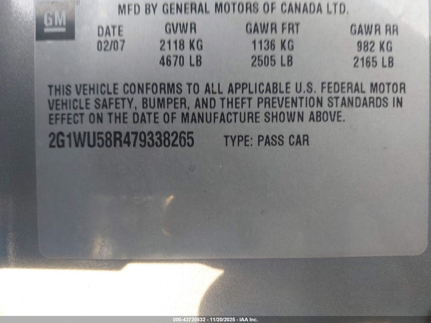 2007 Chevrolet Impala Ltz VIN: 2G1WU58R479338265 Lot: 43720532