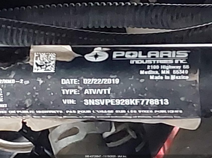 2019 Polaris Rzr Xp 4 Turbo S Velocity VIN: 3NSVPE928KF778813 Lot: 43720547