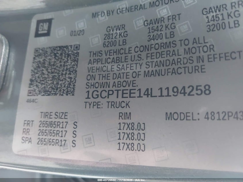 2020 Chevrolet Colorado 4Wd Short Box Zr2 VIN: 1GCPTEE14L1194258 Lot: 43720550