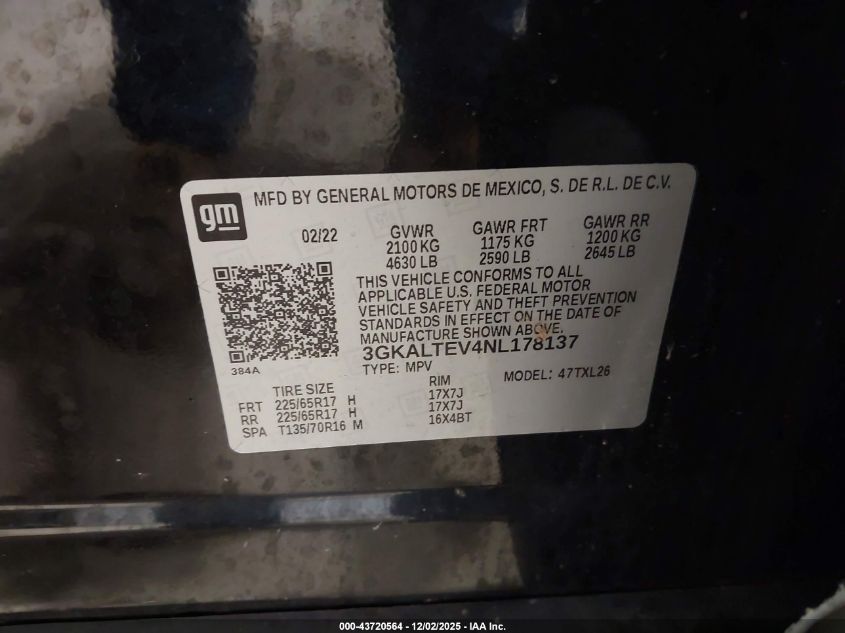 2022 GMC Terrain Awd Sle VIN: 3GKALTEV4NL178137 Lot: 43720564