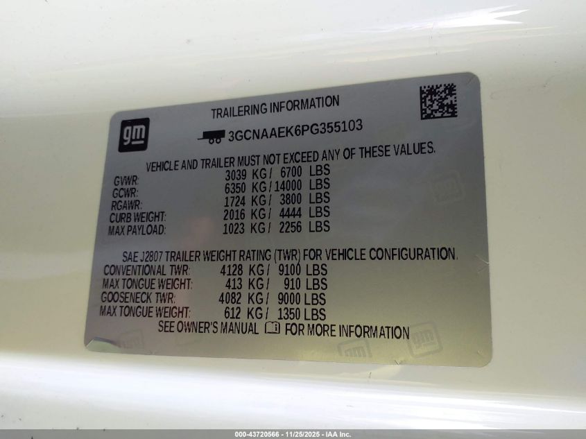 2023 Chevrolet Silverado 1500 2Wd Standard Bed Wt VIN: 3GCNAAEK6PG355103 Lot: 43720566