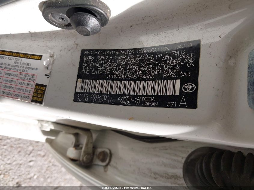 2010 Toyota Prius Iii VIN: JTDKN3DU5A5154863 Lot: 43720568