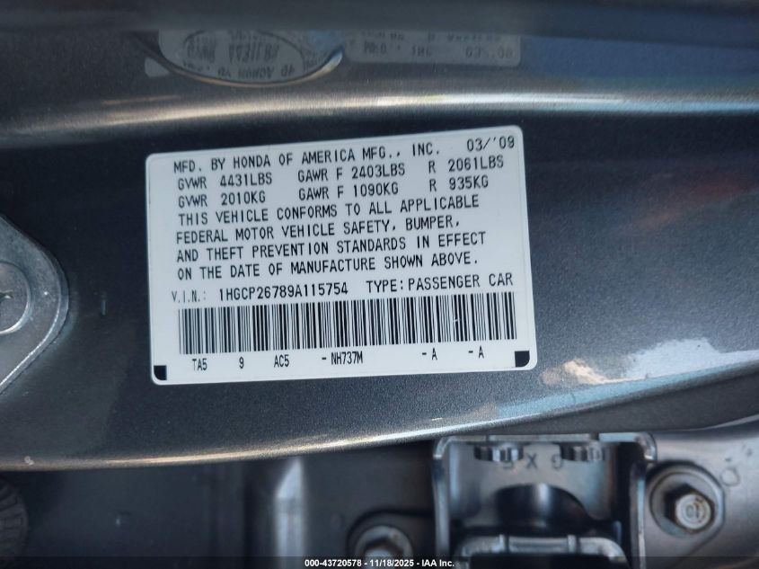2009 Honda Accord 2.4 Ex VIN: 1HGCP26789A115754 Lot: 43720578