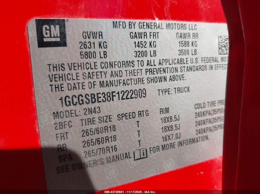 2015 Chevrolet Colorado Lt VIN: 1GCGSBE38F1222909 Lot: 43720581