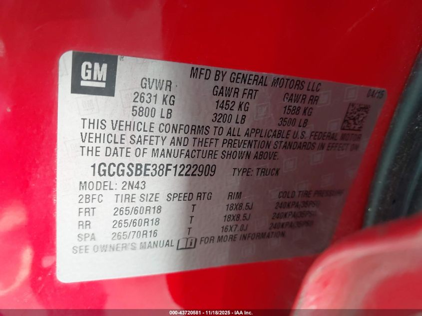 2015 Chevrolet Colorado Lt VIN: 1GCGSBE38F1222909 Lot: 43720581