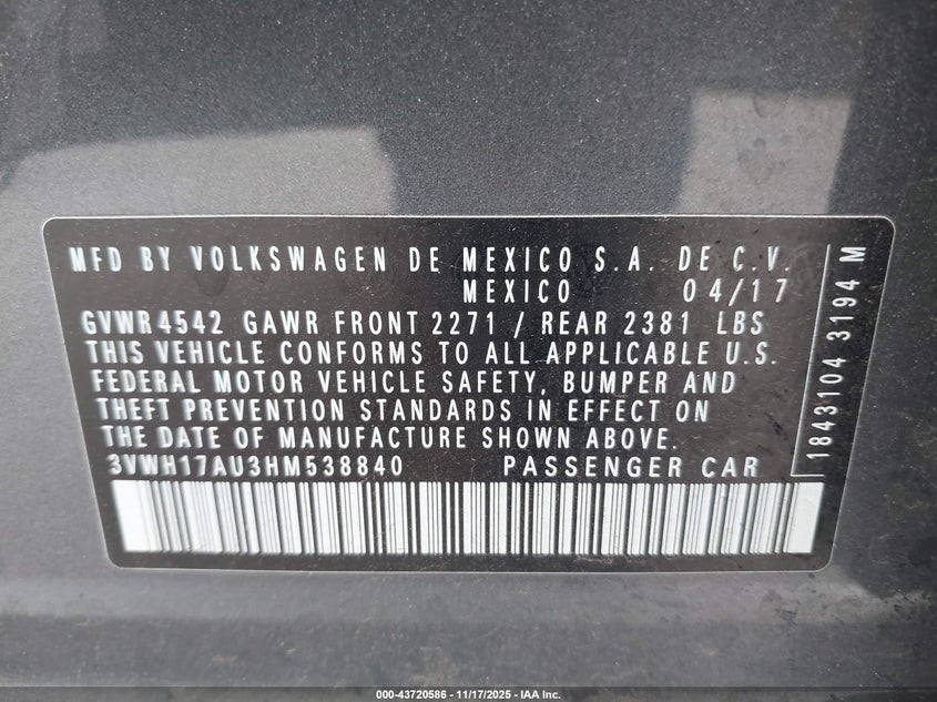 2017 Volkswagen Golf Alltrack Tsi S/Tsi Se/Tsi Sel VIN: 3VWH17AU3HM538840 Lot: 43720586