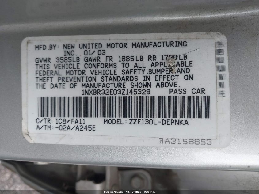 2003 Toyota Corolla Le VIN: 1NXBR32E03Z145329 Lot: 43720589