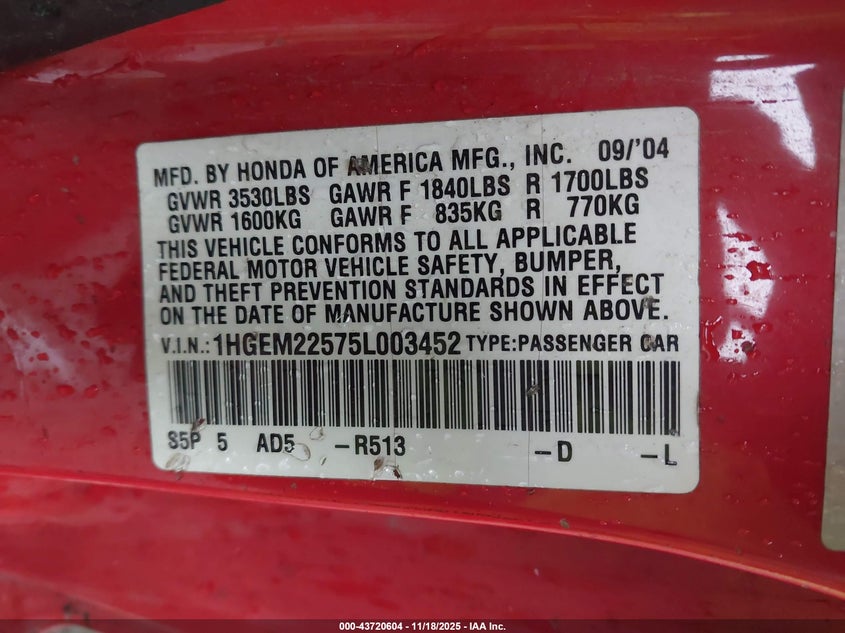1HGEM22575L003452 2005 HONDA CIVIC photo no. 9