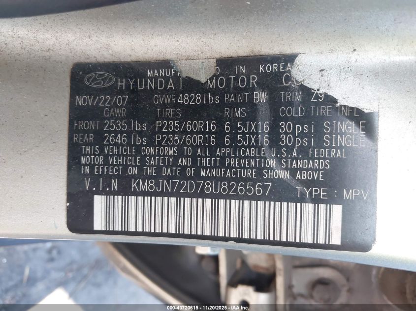 2008 Hyundai Tucson Limited V6/Se VIN: KM8JN72D78U826567 Lot: 43720615