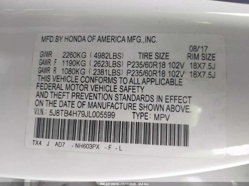 2018 Acura Rdx Advance Package VIN: 5J8TB4H79JL005599 Lot: 43720619