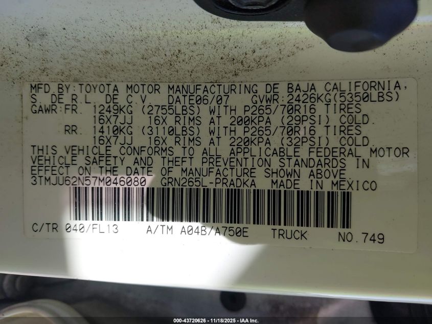 2007 Toyota Tacoma Prerunner V6 VIN: 3TMJU62N57M046080 Lot: 43720626