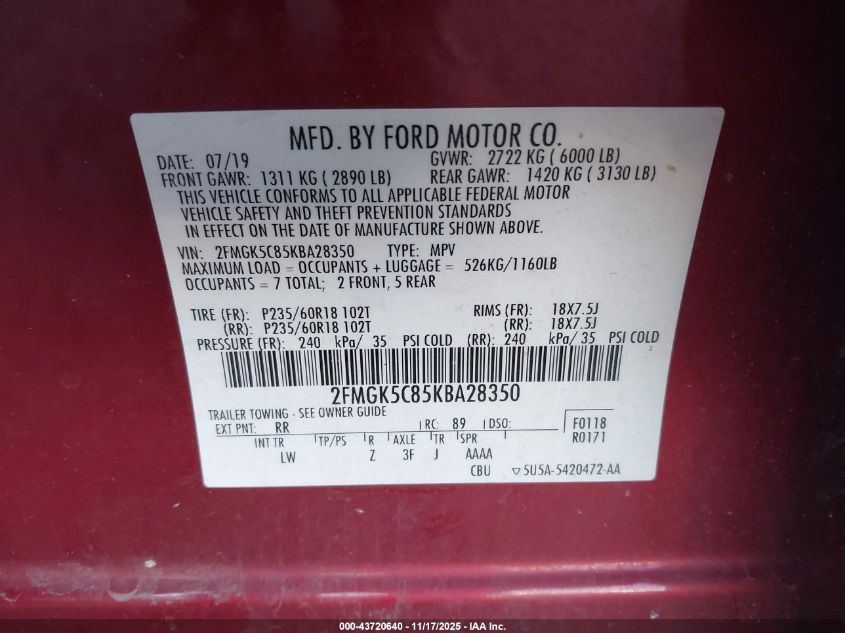 2019 Ford Flex Sel VIN: 2FMGK5C85KBA28350 Lot: 43720640