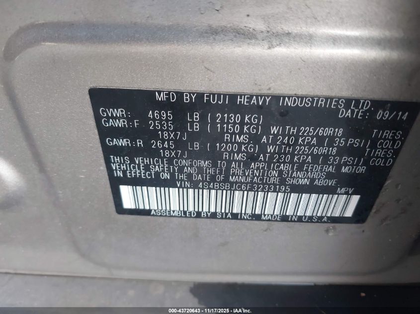 2015 Subaru Outback 2.5I Limited VIN: 4S4BSBJC6F3233195 Lot: 43720643