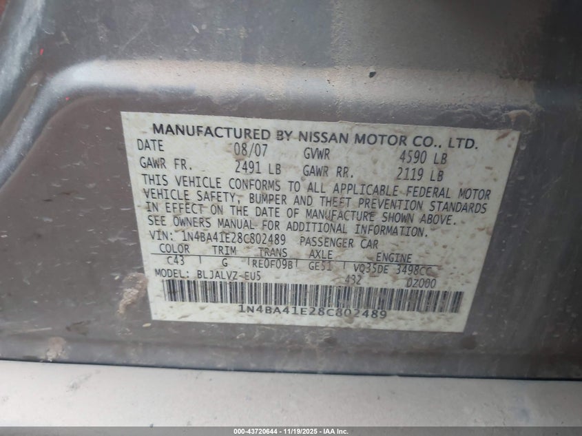 2008 Nissan Maxima 3.5 Se VIN: 1N4BA41E28C802489 Lot: 43720644