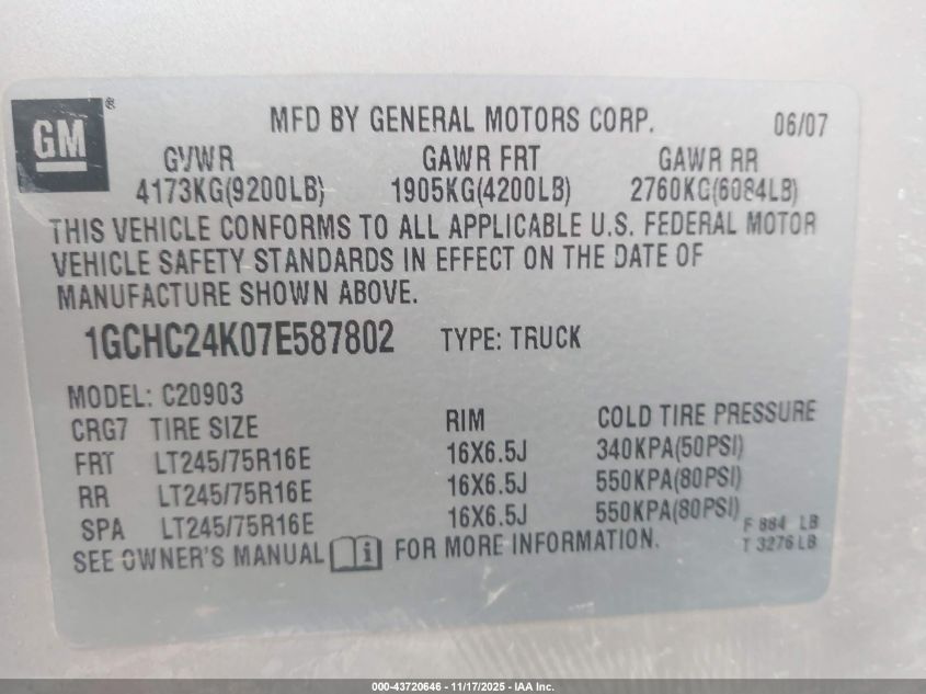 2007 Chevrolet Silverado 2500Hd Work Truck VIN: 1GCHC24K07E587802 Lot: 43720646
