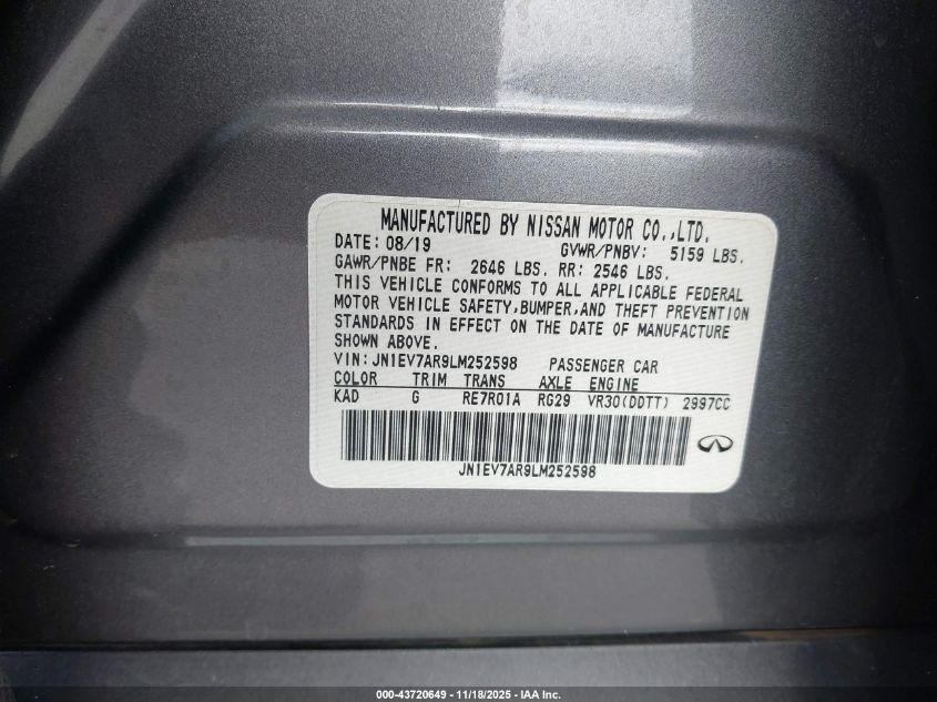 2020 Infiniti Q50 Luxe Awd VIN: JN1EV7AR9LM252598 Lot: 43720649