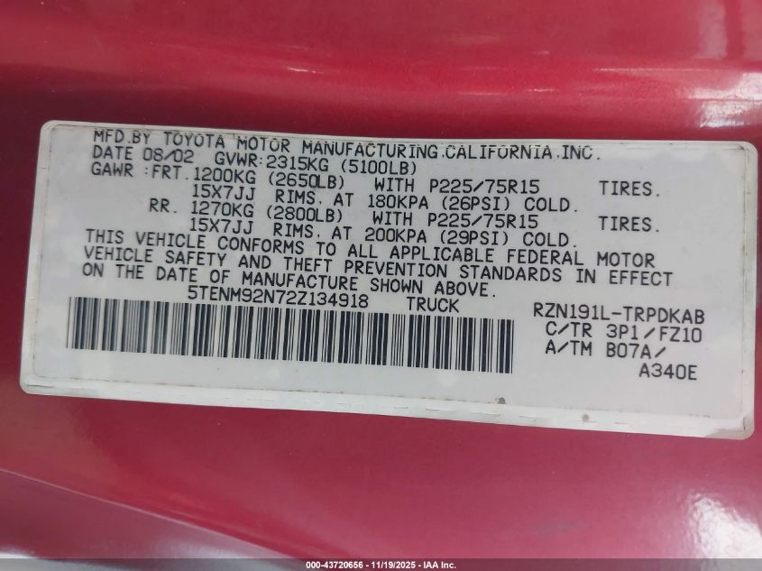 2002 Toyota Tacoma Prerunner VIN: 5TENM92N72Z134918 Lot: 43720656